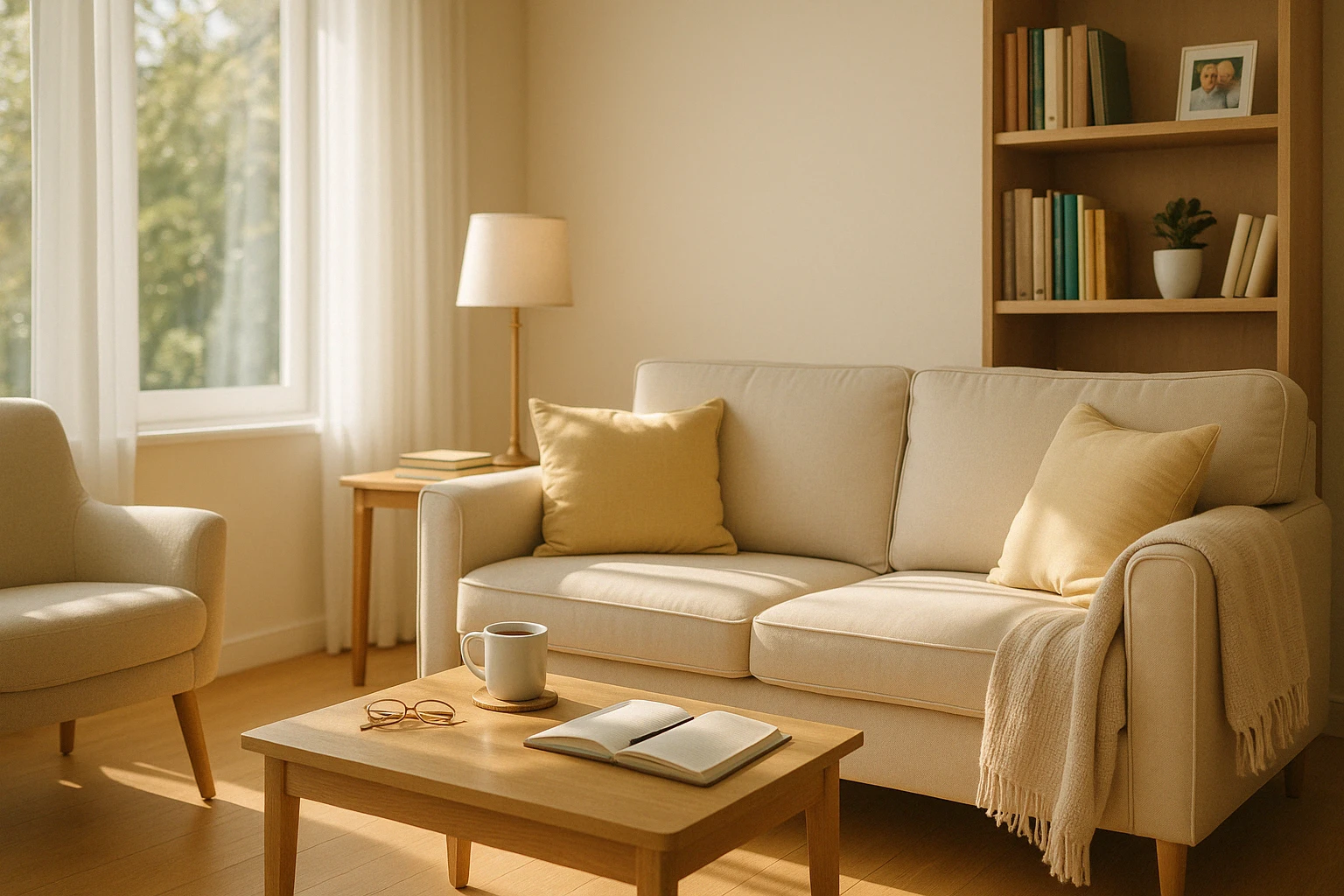 A bright and welcoming assisted living apartment, with cozy furniture, personal touches, and warm natural light. Title: Comfortable Assisted Living Apartment Interior Description: A cozy and sunlit assisted living apartment designed for comfort and ease, featuring inviting furnishings and personal décor that reflect independent living with support. SEO-Optimized File Name: assisted-living-comfortable-senior-lifestyle-apartment.png Would you like me to generate this image now?