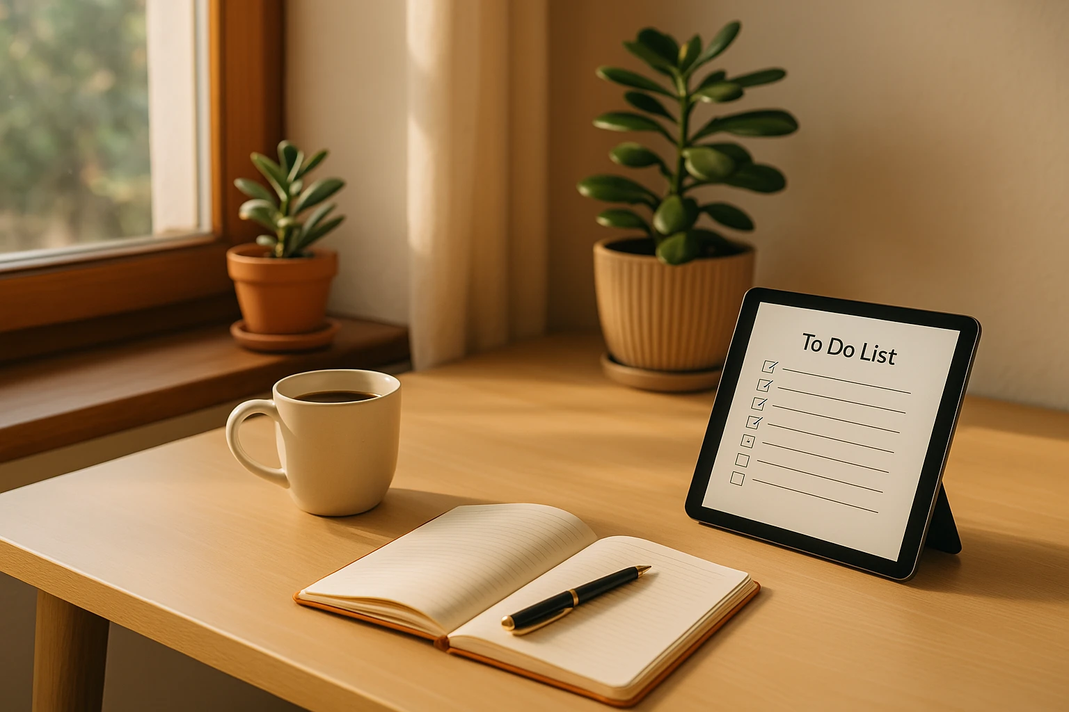 A cozy home workspace with a notebook, coffee mug, and task list on a tablet—designed to inspire calm and productivity.