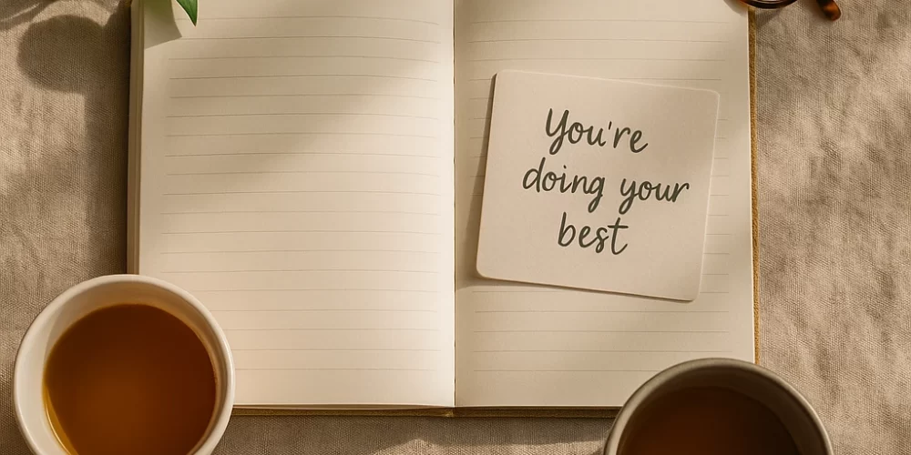 A soft, calming flat-lay of a journal, warm tea, and a note reading “You’re doing your best,” symbolizing mindfulness and emotional care.