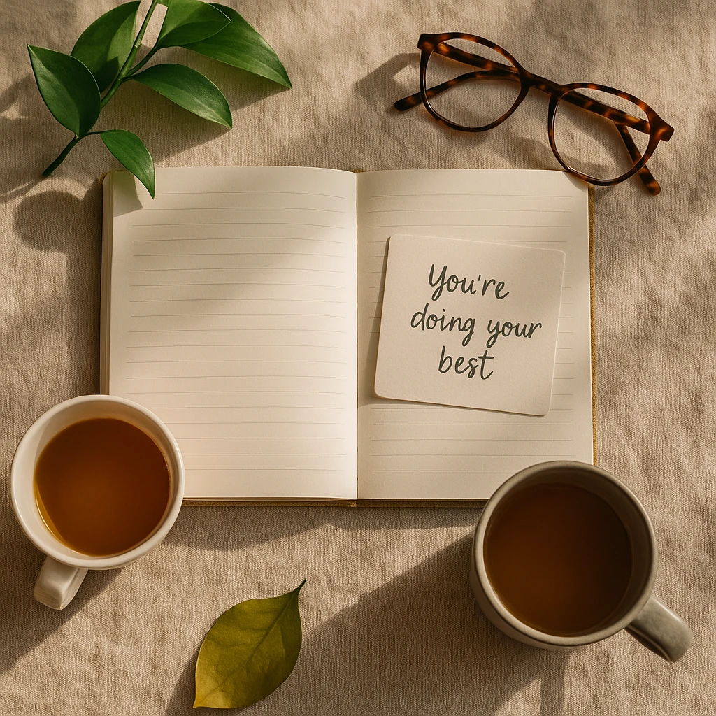 A soft, calming flat-lay of a journal, warm tea, and a note reading “You’re doing your best,” symbolizing mindfulness and emotional care.