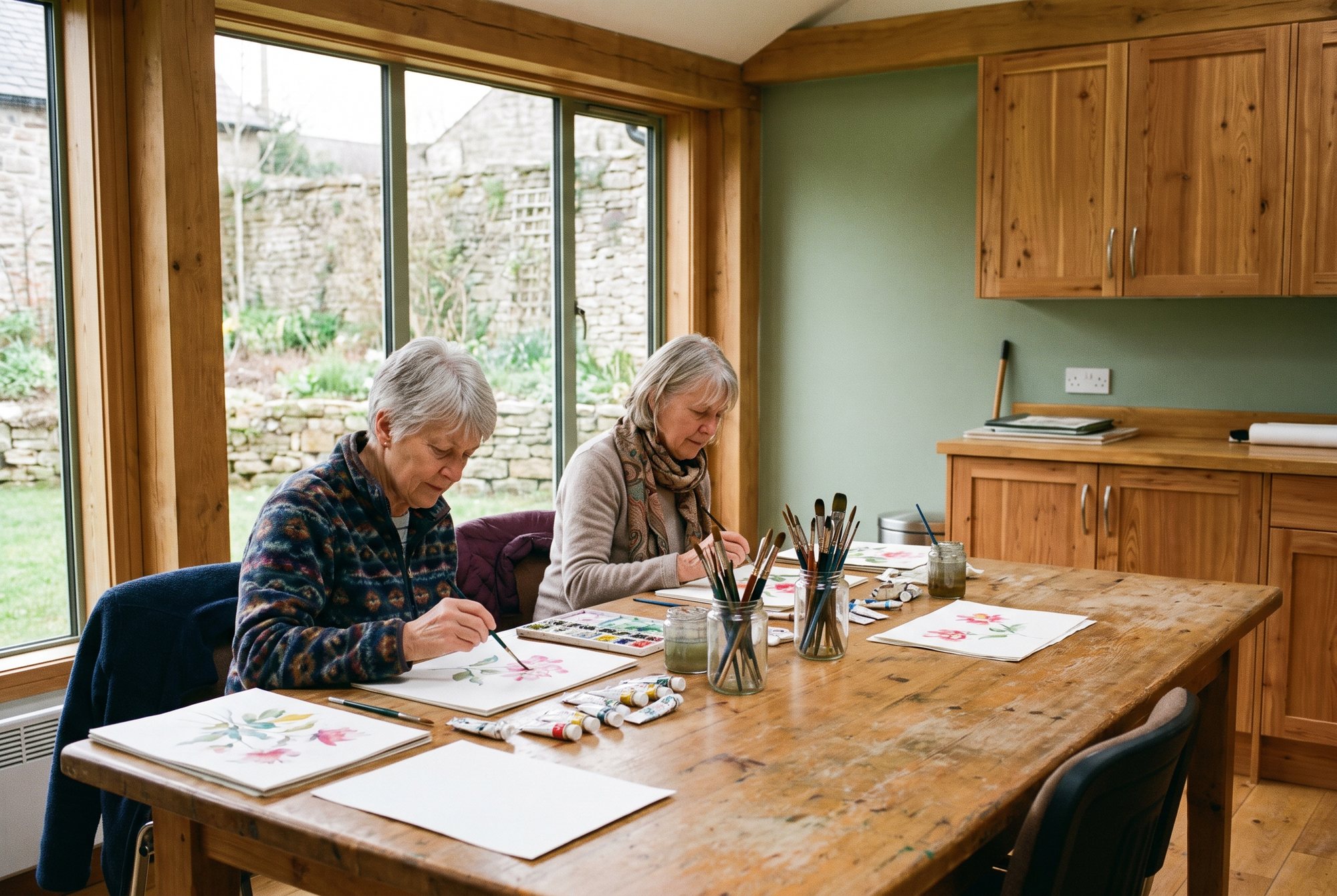 Residents painting watercolors in the art studio Residents painting watercolors in the art studio