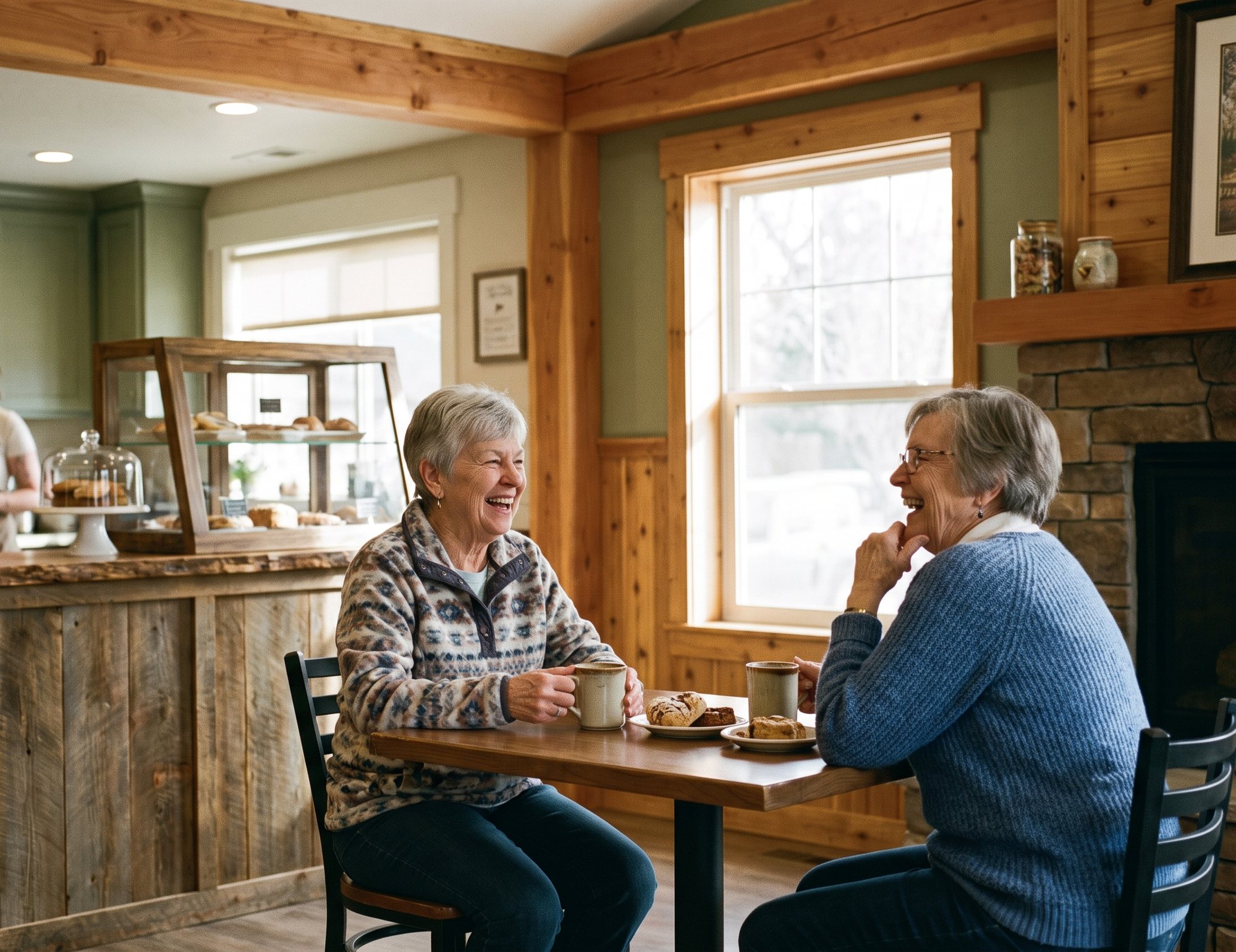Two friends laughing over coffee in the Grovepoint bistro
