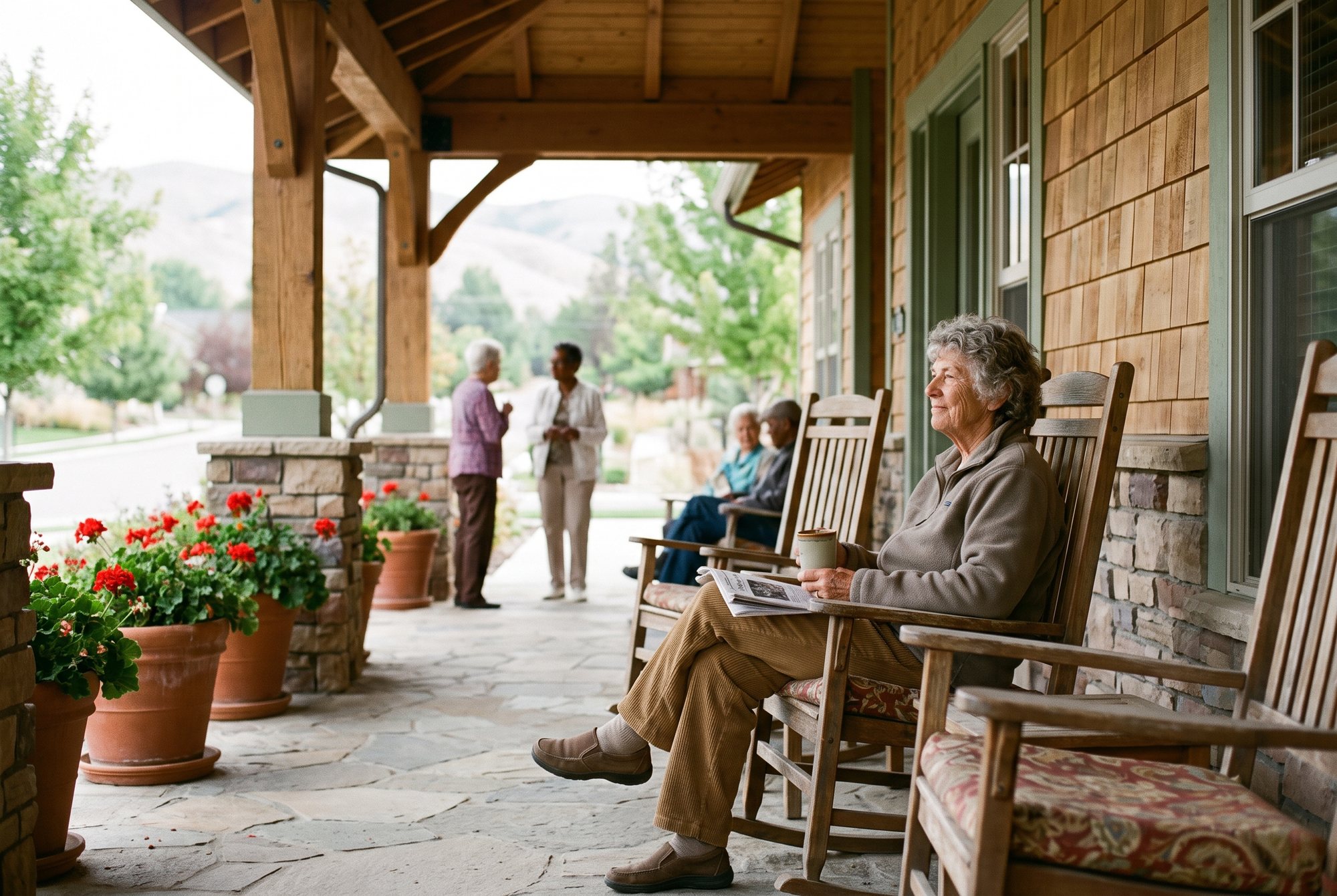 Resident relaxing on the Grovepoint front porch Resident relaxing on the Grovepoint front porch