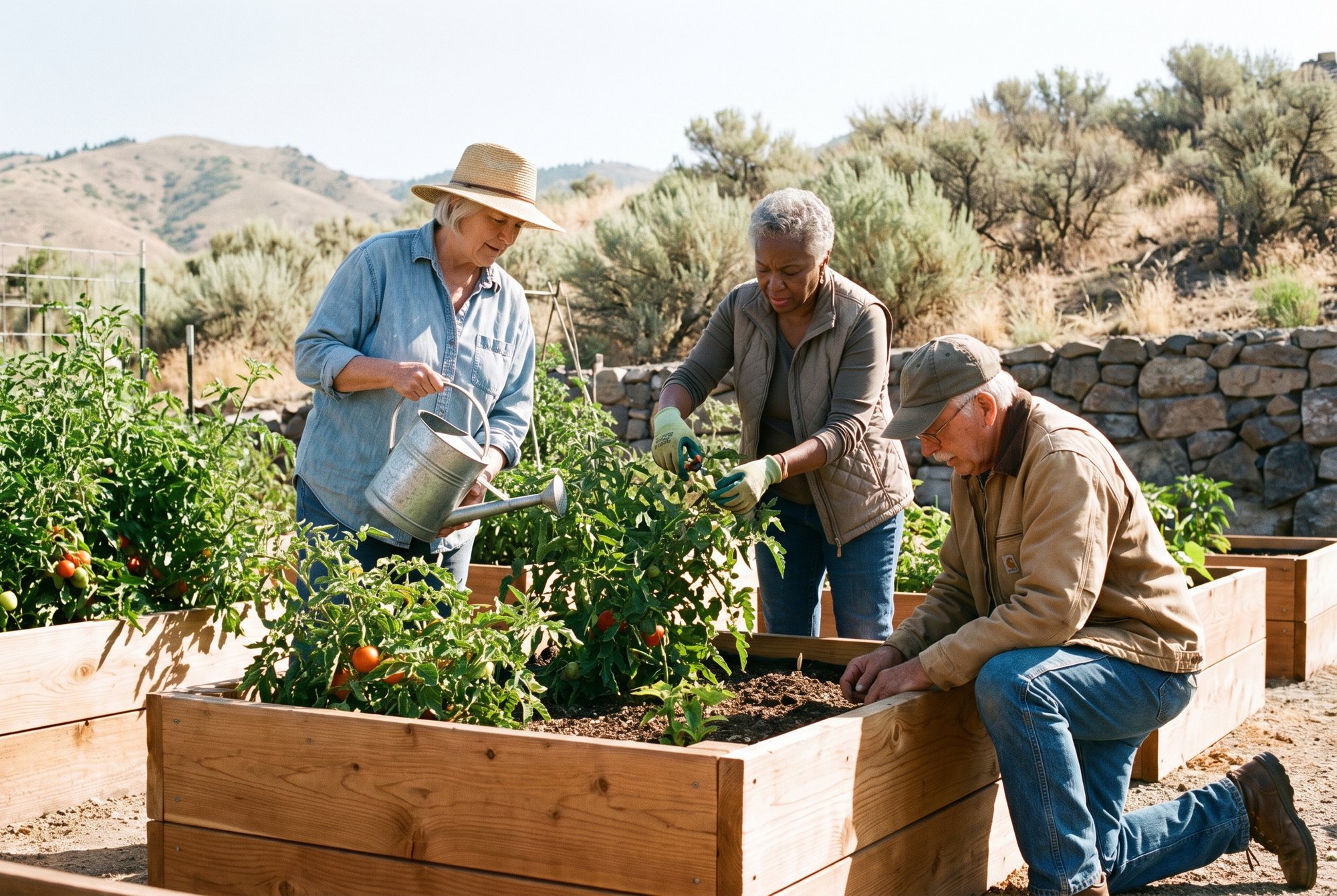 Garden club tending tomatoes in raised beds