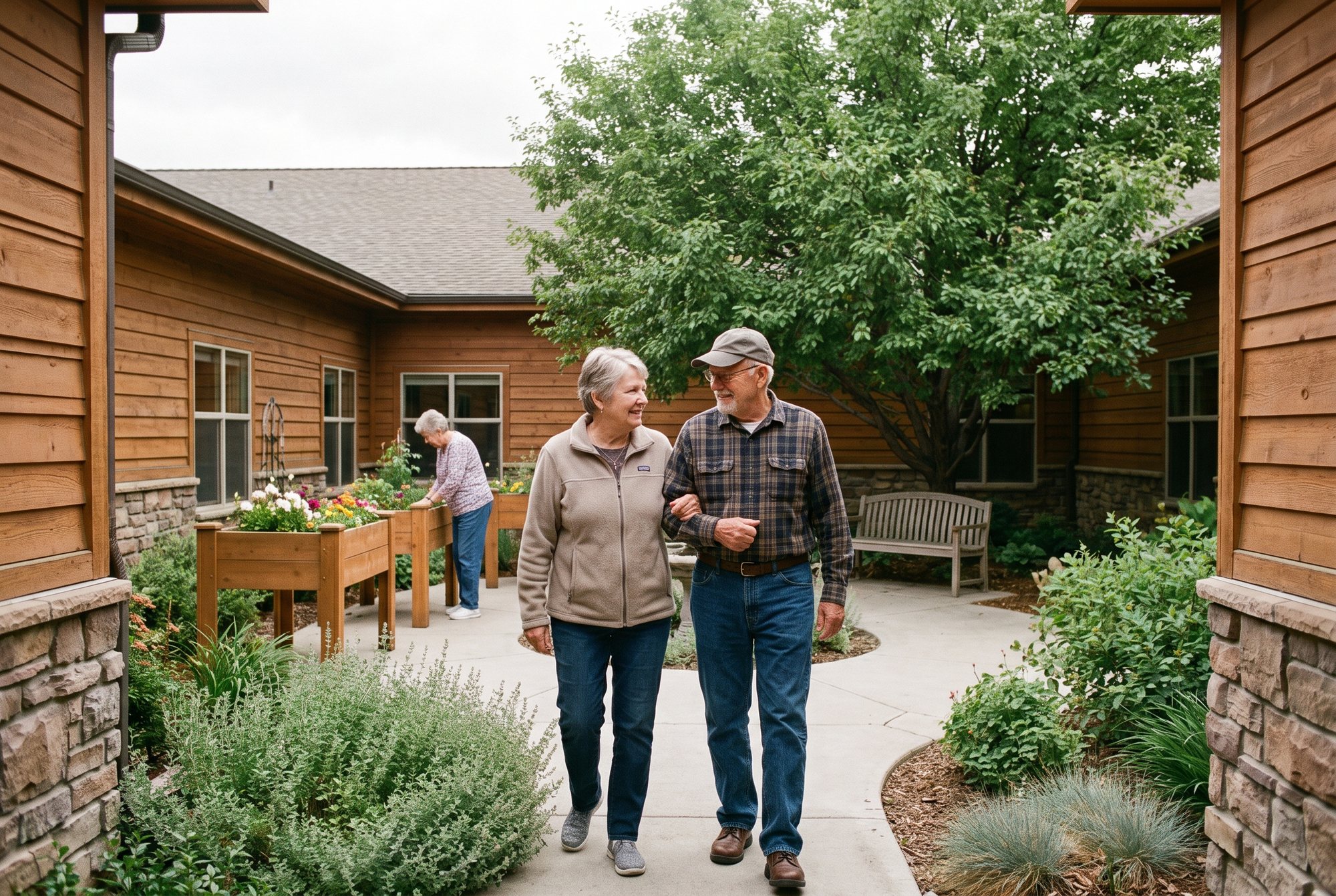 Caregiver walking with a resident in the memory care courtyard