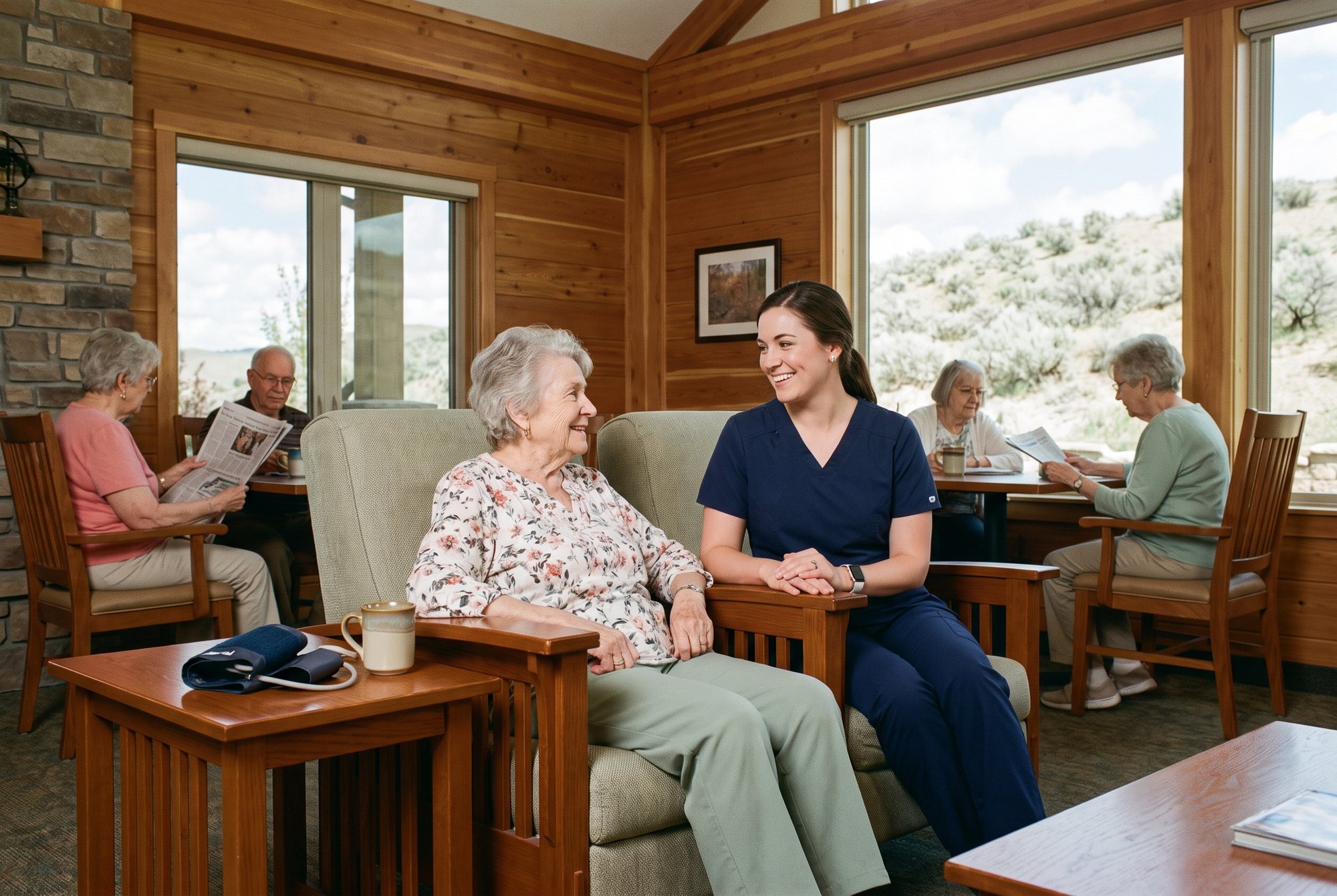 Nurse talking with a resident at Grovepoint Nurse talking with a resident at Grovepoint